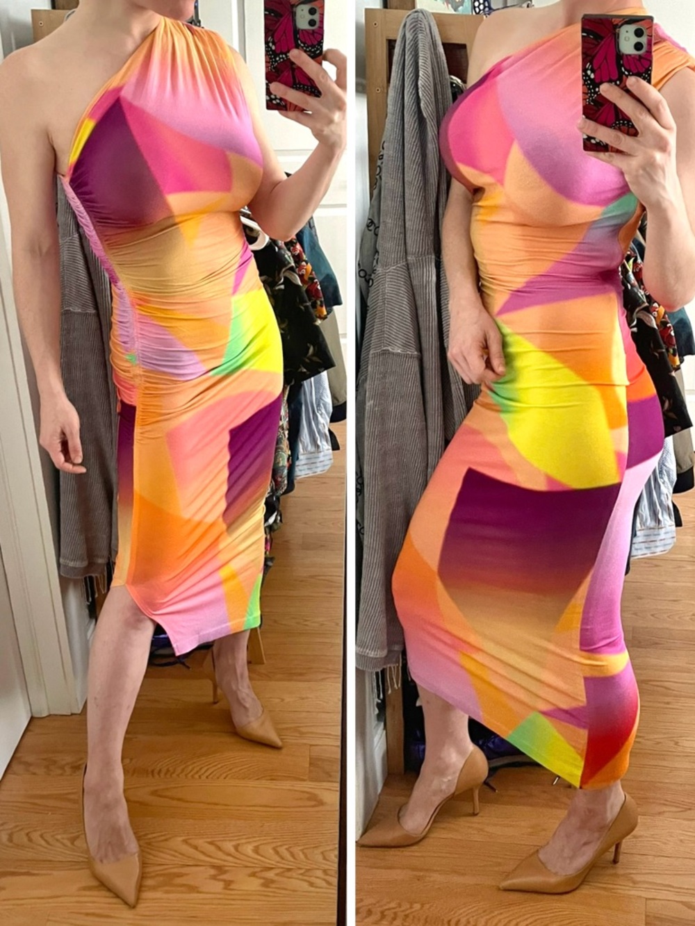 NWOT Smythe One-Shoulder Jersey Dress Sherbet Multicolor Abstract Geometric